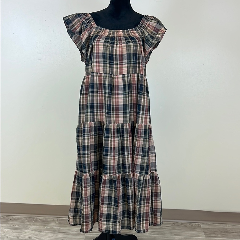 Madewell Pink and Gray Ruffled Tiered Sundress